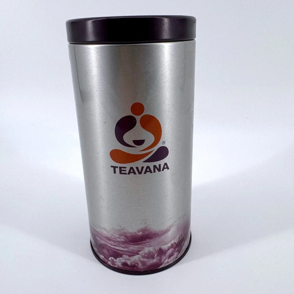 Teavana Tea Tin Storage Canister 1/2 lb Silver Purple Brewing Guide Empty